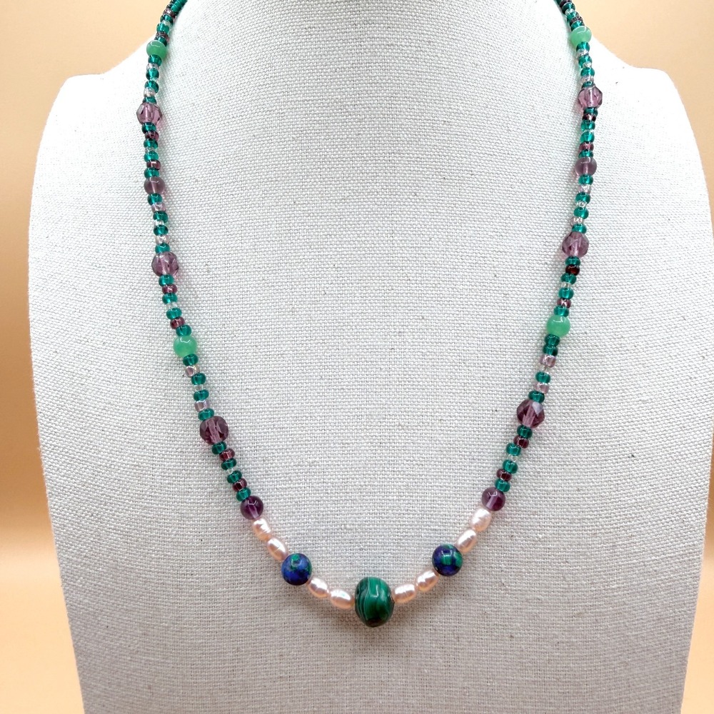 Malachite Freshwater Faux Pearl Purple Green Glass Beaded Necklace Artisan Gift